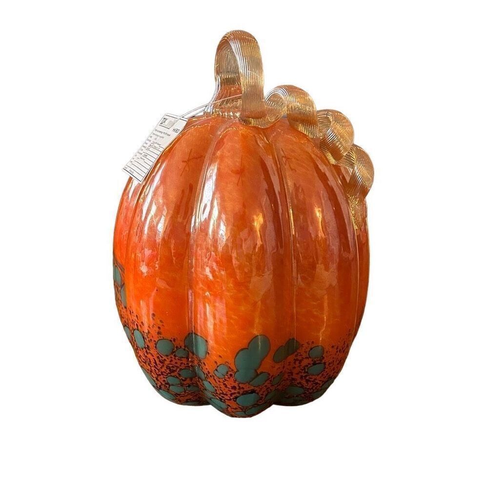 Hand Blown Glass Pumpkin Iridescent Orange Teal Rare Exclusive Store Sample NWT